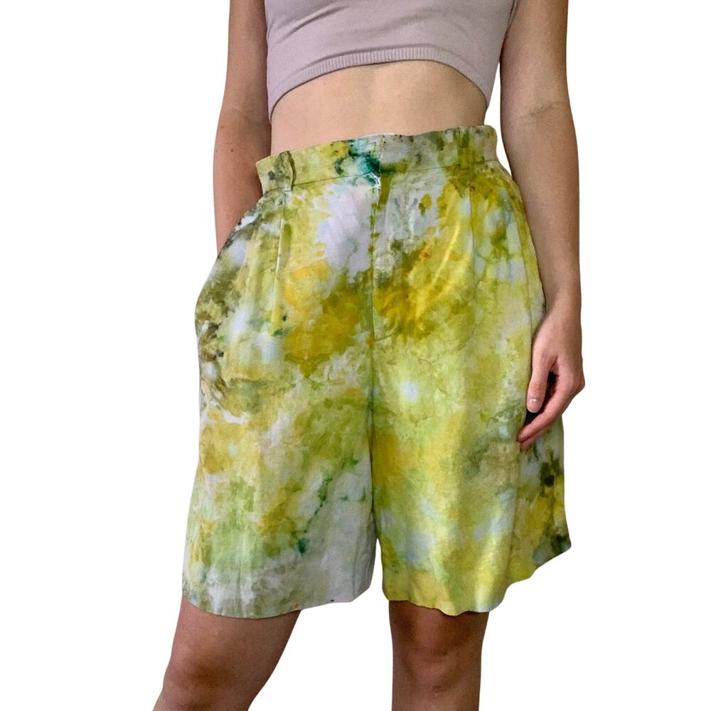 Vintage 1990s Ralph Lauren Shorts Hand Dyed Green Yellow Reworked Ice Dye